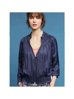 Anthropologie Love Sam Alexe Navy Ruffle Collar Embroidered Bomber Jacket S